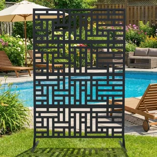 Sichtschutz Metall, Freistehender Paravent 180x120 cm, Wetterfester Sichtschutz Für Garten Terrasse Balkon Outdoor Deko, Raumteiler Mit Ständer, Verzinkter Stahl, Geometrisch Schwarz