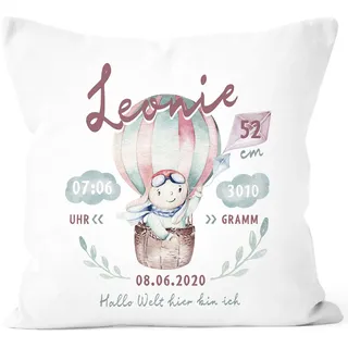 SpecialMe® personalisierbares Kissen zur Geburt Hase Heißluftballon Geburtskissen mit Name Geschenk Geburt Baby Mädchen Weiss 40cm x 40cm
