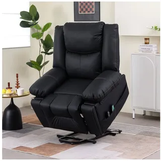 Merax TV-Sessel elektrisch mit Seitentaschen und Getränkehälter, Kunstlederbezug, Massagesessel mit Aufstehhilfe und Wärmefunktion, Fernsehsessel schwarz