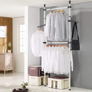 Youyijia Teleskop Garderoben System mit 2 Kleiderstangen Kleideraufbewahrungssystem Regalsystem Kleiderständer Flache Wand Regalsystem ohne Bohren Weiß