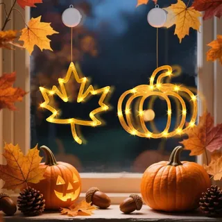 Herbstdeko Kürbis Fenster Lichter, 2 Stück Herbst Deko Fensterlichter mit Saugnapf Kürbis Ahornblatt Lichterkette Hängende Fensterdeko Lichter Beleuchtung Halloween Deko Fensterlichter Batterie (C)