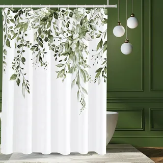 Tititex Duschvorhang-Set, Olivengrün, Eukalyptus, Aquarellblätter auf der Oberseite, Pflanze mit floraler Badezimmerdekoration, 183 x 183 cm, mit Haken