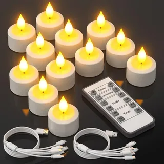 Yme 12er LED Teelichter Wiederaufladbar mit USB-C Kabel und Fernbedienung | Mit 2 USB-C Ladekabeln: 12er Dimmbare, Teelichter LED Aufladbar, 2 Std. Ladezeit, 50–150 Std. Laufzeit, 4 Lichtmodi und Timer