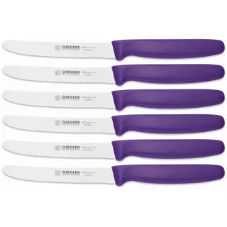 Giesser Messer - Made in Germany - 6er Set Brötchenmesser Tomatenmesser Küchenmesser Allzweckmesser Universalmesser Gemüsemesser 3mm Wellenschliff Klingenlänge 11cm Violett - HALAL