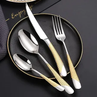 Besteckset aus gehämmertem Gold, 56-teilig, robustes Besteckset aus 18/10-Edelstahl für 14 Personen, inklusive Messer, Gabeln und Löffel, Besteck-Utensilien-Set für Zuhause und Restaurant, Weihnacht