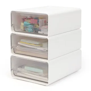 OSTWOLKE Organizer mit Schubladen Acryl 3 Stück, Schreibtisch Organizer A5 | Schubladenbox Stapelbar, Büro Aufbewahrungsbox für Stifte, Radiergummi und anderes Bürozubehör, Transparent Weiß