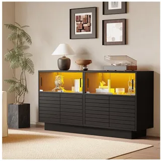 Odikalo Sideboard Anrichte Vitrine Schließfach Kabinett Kommode Fächer Glastüren Schwarz schwarz