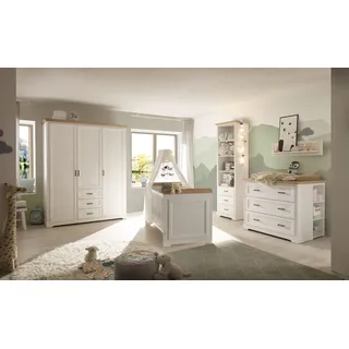 möbel-direkt.de Babyzimmer-Komplettset Jasmin, (Komplett Set, 7-tlg., Schrank, Bett, Wickelkommode, 2 Seitenregalen, Regal, Wandboard), 3fach höhenverstellbarer Lattenrost, Schlupfsprossen