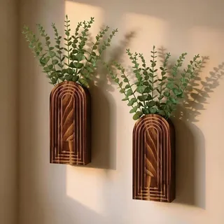 2er Set Holz Wandvase mit 20 künstlichen Eukalyptus-Zweigen, Retro-Design, bohrfrei montierbar