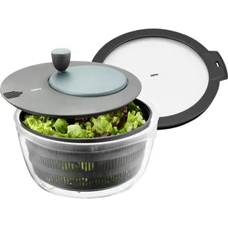GEFU Salatschleuder mit Kurbelantrieb - 4L Schüssel & Frischhaltedeckel | BPA-freie Salatschüssel mit Siebeinsatz & Ausgießer, 4-in-1 Set zum Waschen, Trocknen, Servieren sowie Aufbewahren