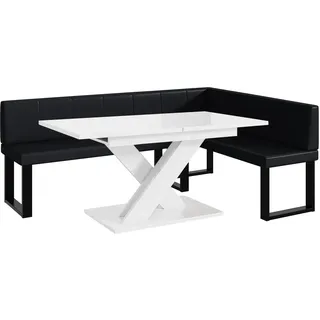 MEBLINI Eckbank für Esszimmer mit ausziehbarem Tisch - Küchenbank - Essecke - Sitzecke Küche - Peter - U-Beine 142x196x87cm Rechts - Schwarz Kunstleder/B Weiß Hochgl.