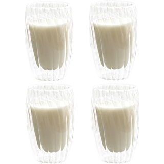 Latte Macchiato Gläser Klare Eiskaffee Gläser Doppelwandige Kaffeegläser Welligkeit Iced Coffee Glas Gerippte Cappuccino Gläser Doppelwandige Gläser für Kaffee Saft Milch und Bubble Tee (450ml*4)