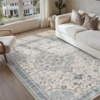 PureCozy Blau Teppich Wohnzimmer 120x170cm Waschbarer Vintage Tepiche für Wohnzimmer Living Room kurzflor rutschfest Weich Retro Orientalischer Teppich für Esszimmer Bedroom Schlafzimmer Büro