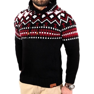 Reslad Strickpullover Reslad Herren Grobstrick Pullover Norweger Winter Kapuzenpullover (1-tlg) Strickpullover Männer Norwegermuster mit Kapuze rot|schwarz L