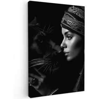 MuchoWow© Wandbilder Groß XXL Schlafzimmer Home Deko Wohnung Bild | 80x120 cm - Wohnzimmer Fotoleinwand Wand Bilder Leinwand Wall Decor Frau - Panther - Tiere - Schwarz und weiß - Porträt