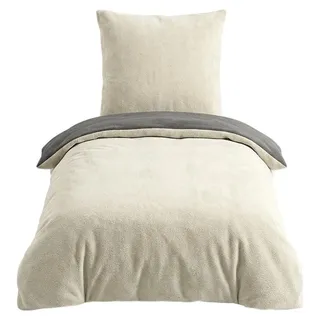 Microfaser Fleece Bettwäsche mit verdecktem Reißverschluss - einfarbig & wendbar Beige-Anthrazit 135 x 200 cm + 80 x 80 cm