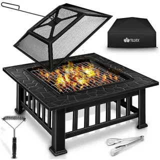 tillvex Feuerschale tillvex Feuerschale mit Funkenschutz Grill Feuerstelle BBQ Feuerkorb, (Feuerstelle), Kohlerost schwarz