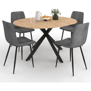 IDMarket - Set runder ausziehbarer Esstisch ALIX 110-150 cm und 4 Stühle Mila in dunkelgrauem Samt