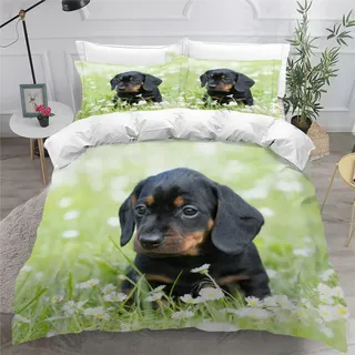 AOYNP Bettwäsche 155x200 Dackel-Welpen-Blumenbusch Bettbezug Set Weich Microfaser Bettwaren Haustier Welpe Bettwäsche-Set für Jungen Mädchen Bettbezug Mit ReißVerschluss und 2 Kissenbezug 80x80cm