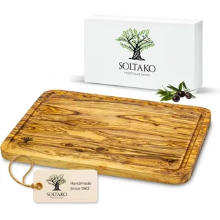 SOLTAKO Schneidebrett Olivenholz mit Saftrille 33 x 22 cm "The Wood Master M" - massives Servierbrett, Tranchierbrett aus Oliven Holz
