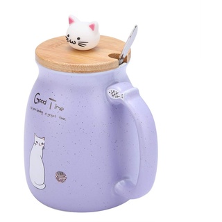 Tasse Keramik Tee-Ei Tasse, 420 ml Schöne Katze Keramik Tasse mit Löffel und Holzdeckel Kaffee Wasser Milch Becher für Drink Geschenk für Freunde oder Familie(lila)