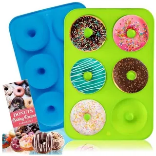 LuxusKollektion Donutform Silikon Backform Donuts 2er Set 6 Fächer Hitzebeständig Blau Grün bunt
