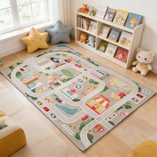 TYKTZXY Autoteppich Spielteppich Straße, Kinderteppich Jungen Straßenteppich, Bauteppich Fahrzeug Teppich Kinder, Grösse:100×180cm
