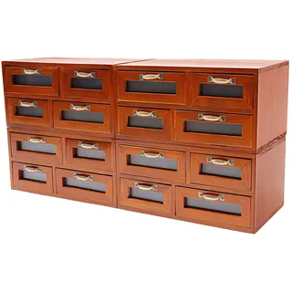 4 Stück Vintage Apothekerschrank Holz, 16 Schubladen mit Sichtfenster, Schreibtisch Organizer für Büro & Basteln, Retro Schubladenbox für Kleinteile, Aufbewahrung