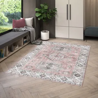 Rugs Essentials Chenilleteppich Vintage Style, Gedruckt Vintage Rosa Teppich – Wohnzimmer - Schlafzimmer, Teppich 160x230 cm, Vintage-Muster, Maschinengewebt, 100% Polyester, 160x230 cm, Grau - Rosa