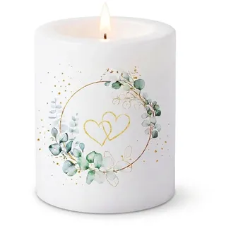 Motivkerze Hochzeit Eukalyptus Herzen Weiß Grün Gold | Stumpenkerze Tischdeko Hochzeit | Kerze mit Eukalyptuskranz & Herz-Motiv für Festtafel & Brautpaar | Ø 8 cm