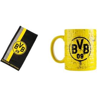 Borussia Dortmund BVB-Handtuch mit Logo im Streifenmuster (50x100cm) & BVB-Tasse Gelbe Wand, Gelb, 0