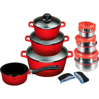 KING Topf-Set ALUGUSS, Aluminiumguss (Set, 15-tlg., je 1 Kochtopf 16/20/24 cm, 1 Stieltopf 16 cm, Schüsselset, Grips), Keramikantihaftbeschichtung, Induktion rot