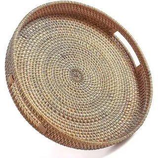 Rundes Serviertablett Aus Rattan, Dekoratives, Geflochtenes Ottomanentablett Mit Griffen, Aus Naturrattan (klein) --