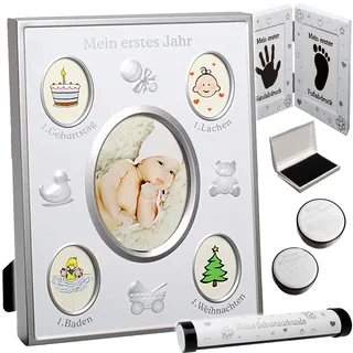 alles-meine.de GmbH 6 TLG. Set Fotorahmen/Bilderrahmen - Baby - erstes Jahr - Handabdruck Fußabdruck - Dose ersten Haare + Milchzähne - Rolle Geburtsurkunde - Rahmen - Collag..