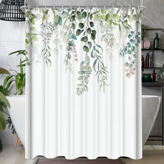 Lerores Duschvorhang 120x180cm, Grün Blätter Beschwerter Saum Antischimmel Textil, Wasserabweisend, Waschbar Polyester Stoff Badevorhänge mit Ösen und 8 Duschvorhangringe für Badezimmer, Badewanne