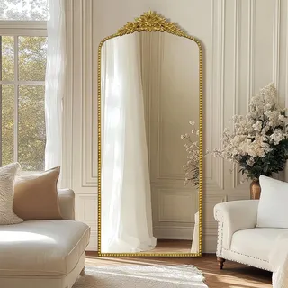 G-LEAF Barock Ganzkörperspiegel Gold 190x76 cm Großer Standspiegel Wandspiegel mit Blumenmuster Ornamenten Prunkvoller Ankleidespiegel Vintage Dekospiegel für Schlafzimmer Wohnzimmer Flur
