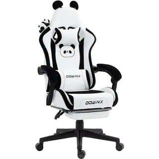 Dowinx Gaming Stuhl,Gamer Chair,PU Leder Sessel mit Panda - Ohren und Dekoration,Ergonomischer Gamingstuhl,150KG Tragkraft PC Stuhl,Verstellbar Fußstütze Armlehnen Rückenlehne,Panda - Weiß