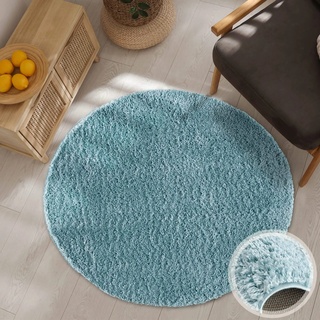 carpet city Hochflor Teppich Wohnzimmer - Einfarbig Blau - 160x160 cm Rund - Shaggyteppich Langflor Uni - Schlafzimmerteppich Flauschig Weich - Moderne Wohnzimmerteppiche