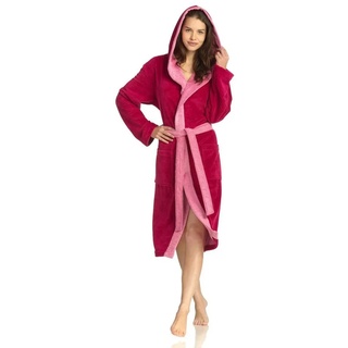 Vossen Unisex-Bademantel Poppy, Langform, Microfaser-Walkfrottee, Kapuze, Gürtel, für Damen & Herren, mit farblich abgesetzter Kapuze rosa S