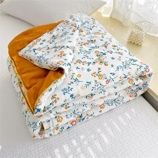 Surwin Tagesdecke Bettüberwurf Pastoral Floral Druck mit Einfarbig Reversibel Steppdecke Weich Bequem Atmungsaktiv Sommer Quilt Doppelbett Einzelbett Decke Sofaüberwurf (orange blumig,200x230cm)