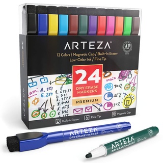 ARTEZA magnetische Whiteboard Marker, 24 bunte Whiteboard Stifte mit dünner Rundspitze, trocken abwischbare Boardmarker mit Filz-Radierer für Schule, Büro und Zuhause, 1 stück (24er Pack)