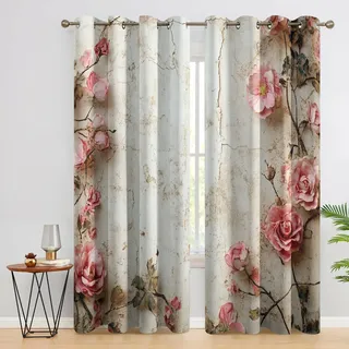 Generisch Rose Vorhänge Wohnzimmer, Verdunklungsvorhänge Shabby Blumen mit Ösen, Vorhang Blickdicht mit Muster, Gardinen für Wohnzimmer Deko 2er Set, H 137 X B 117 cm B-G16