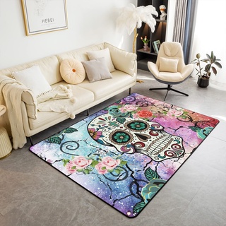 Rose Skull Teppich 150x200cm Matte Sugar Skull Skeleton Teppich Boho Gothic Bones Weich Gemütlicher Teppich Home WohnzimmerTeppich für Küche und Balkon Rosa Lila Zimmer Wetterfest KüchenTeppich