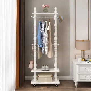 Yclty Kleiderständer Aus Holz für Schuhe Und Kleidung, Flurgarderobe Auf Rollen, Robuster Garderobe Fürs Schlafzimmer mit 3 Ablagen und Haken für Mäntel, Hüte, Schals, Jacken, Kleider(White,60cm)