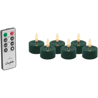 Candela Lights LED Kerzen 6er Set Ø4,5cm Winter green Smooth-Finish Echtwachs Teelicht mit Fernbedienung & Timerfunktion Flammenlose flackernde LED-Kerze mehrstufig dimmbar