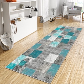 WTHYGB Teppich Läufer Flur Küche 60x500 cm, Modern rutschfest Waschbar Küchenläufer Flurläufer, Lang Polyester Plaid Muster Wasserblau Teppichläufer für Korridor, Schlafzimmer, Innen Wohnzimmer