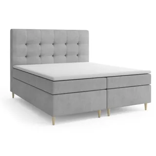 MRGROUP Boxspringbett mit Bettkasten Oslo 140 x 200 cm, Samtstoff, Polsterbett mit Bonell-Matratze und Topper, Doppelbett mit Stauraum, Bett für Schlafzimmer, Gepolstertes Kopfteil, H3, hellgrau