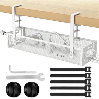 Kabel-Management-Tablett für den Schreibtisch, 39 x 12 x 7 cm, kein Bohren, Metall Kabelwanne & Organizer Set,Drahtmanagement Tablett, Kabelmanagement Rack - weiß