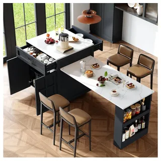 OKWISH Bartisch Ausziehbarer,Kücheninsel,Bartisch mit Stauraum (Ausziehbarer Bartisch mit Stauraum (133-202 cm) – Erweiterbarer Küchentisch mit Schubladen, Gewürzregal & Ablagen., 133-202×70×93.5cm), mit zwei Schubladen und vier Fächern schwarz