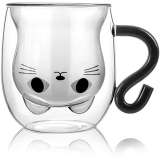 Bkinpid Doppelwandiger Glasbecher mit niedlicher Katze, schwarze Katze, 100% Borosilikat, dickes Glas mit Griff, hitzebeständig, in Geschenkverpackung